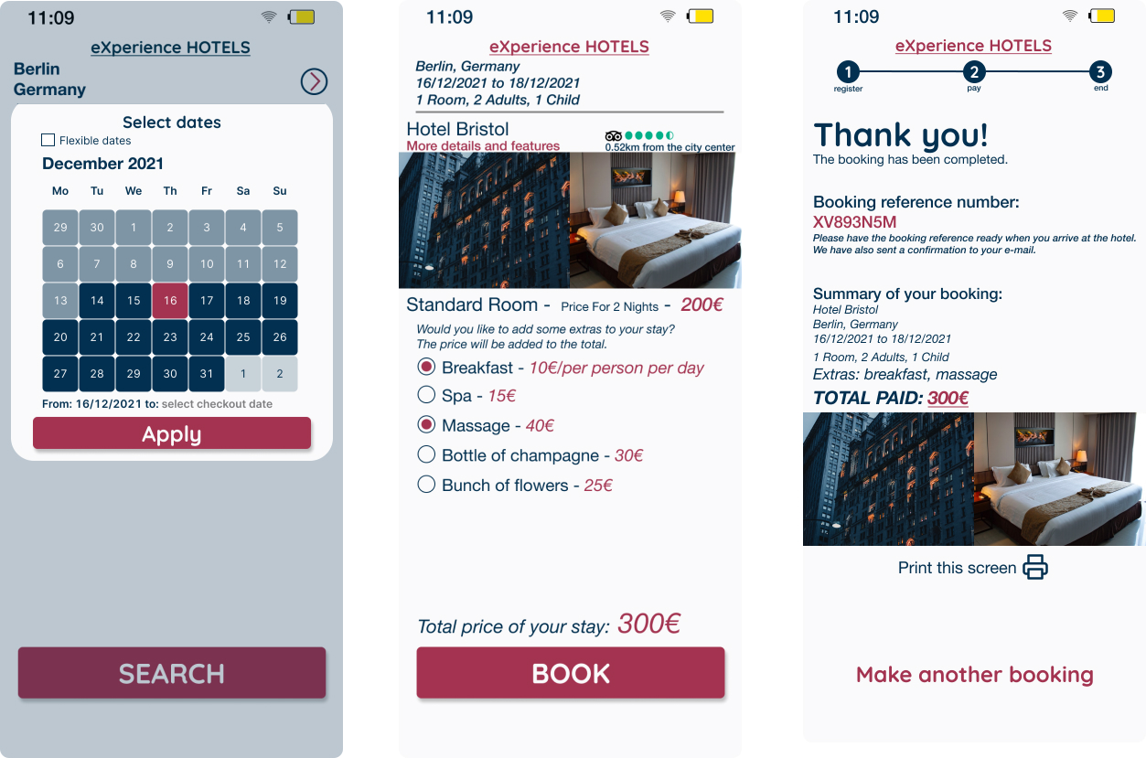 Screens of high-fidelity prototype: calendar, room extras and payment screen