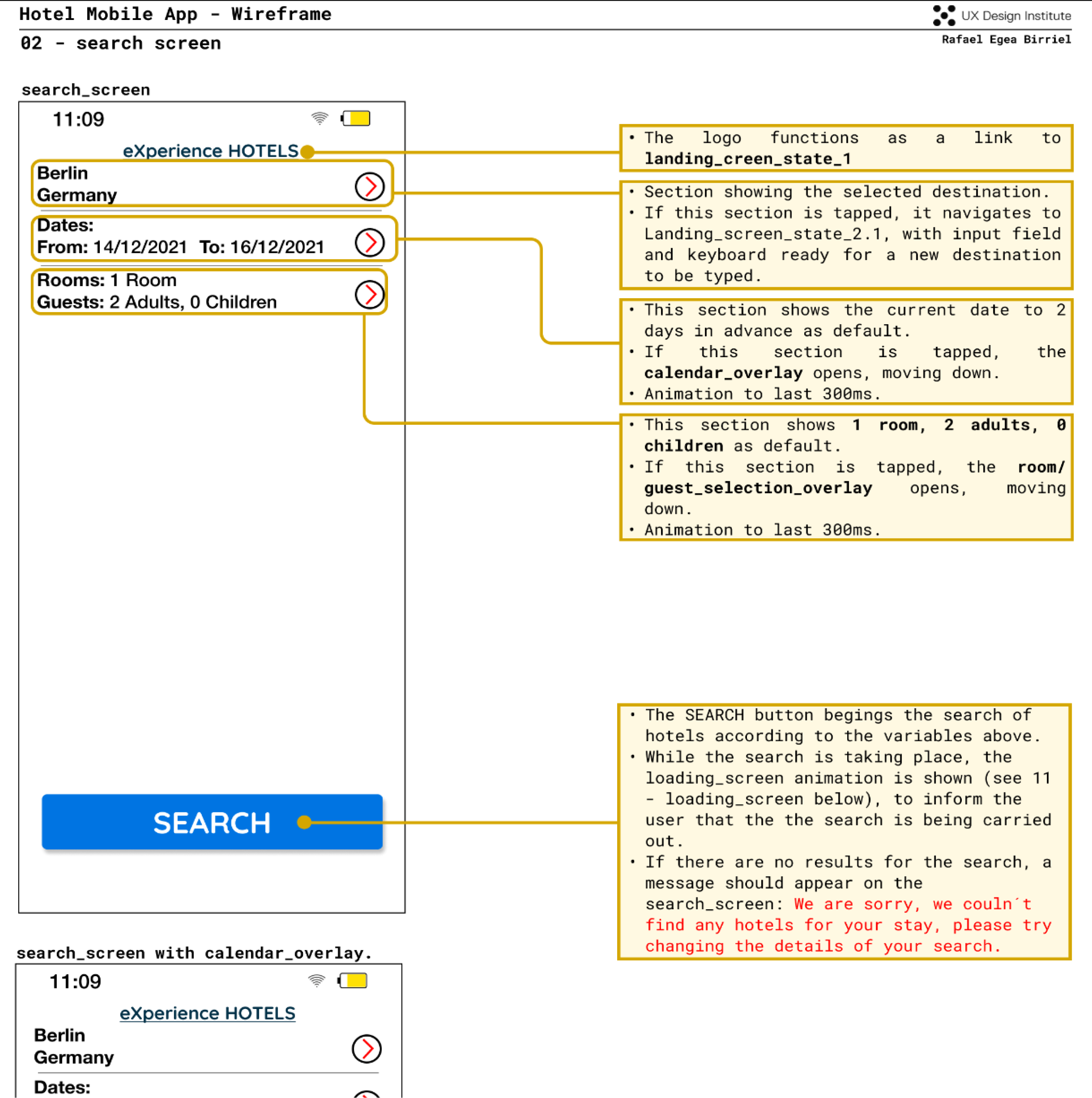 Wireframes of search screen